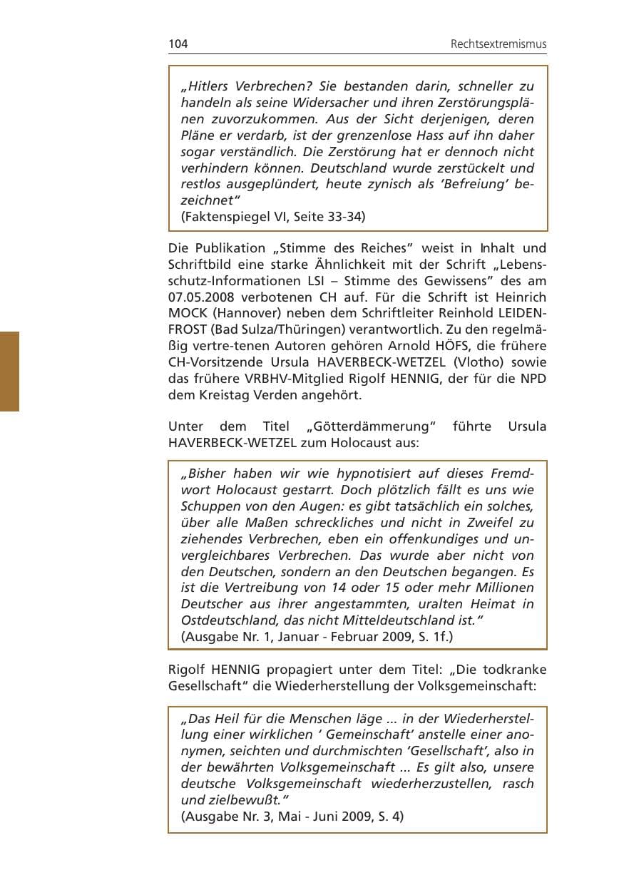 Seite 104 des Verfassungsschutzbericht 2009 Niedersachsen