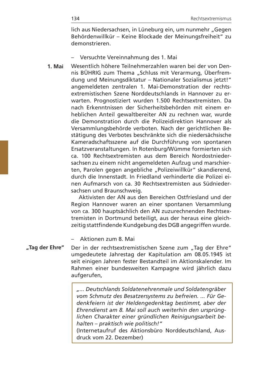 Seite 134 des Verfassungsschutzbericht 2009 Niedersachsen