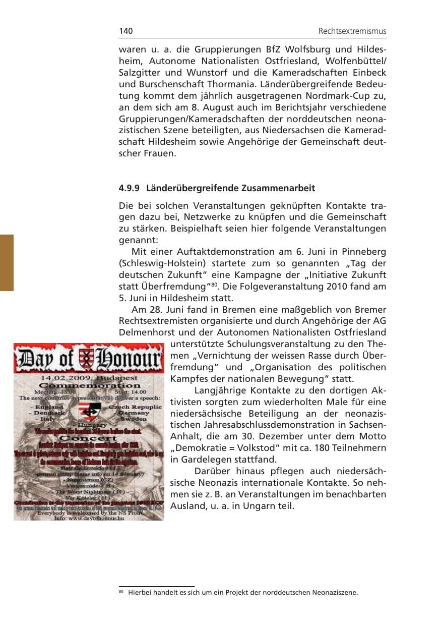 Seite 140 des Verfassungsschutzbericht 2009 Niedersachsen