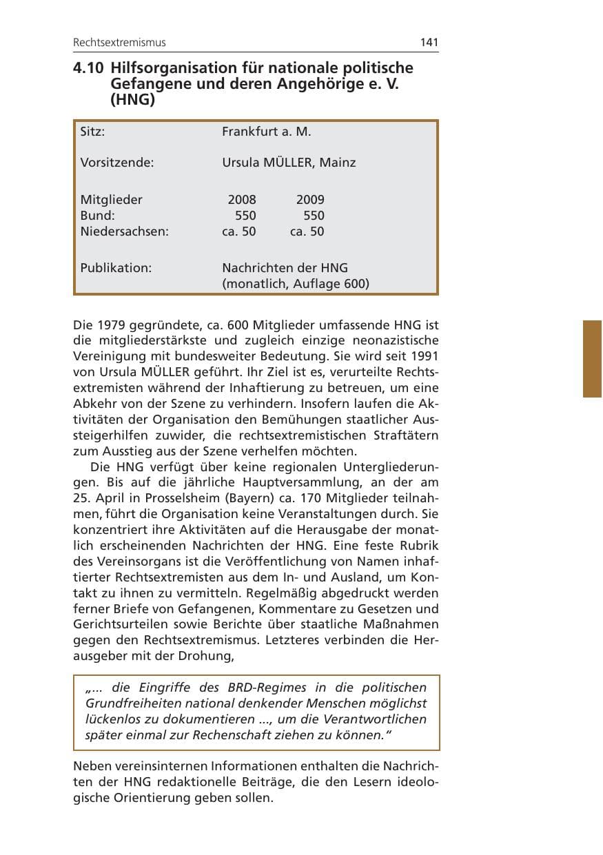 Seite 141 des Verfassungsschutzbericht 2009 Niedersachsen