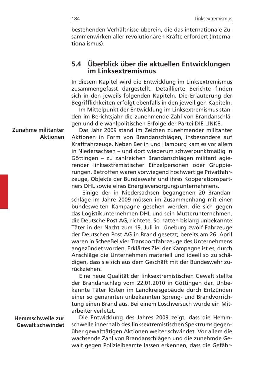 Seite 184 des Verfassungsschutzbericht 2009 Niedersachsen