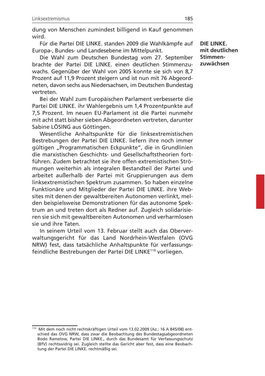 Seite 185 des Verfassungsschutzbericht 2009 Niedersachsen