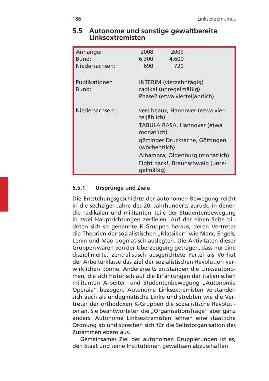 Seite 186 des Verfassungsschutzbericht 2009 Niedersachsen
