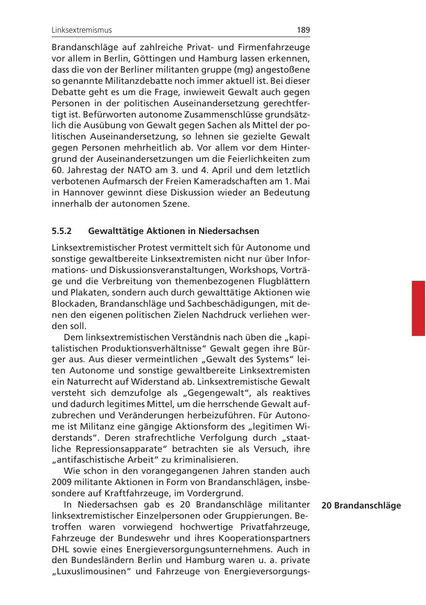 Seite 189 des Verfassungsschutzbericht 2009 Niedersachsen