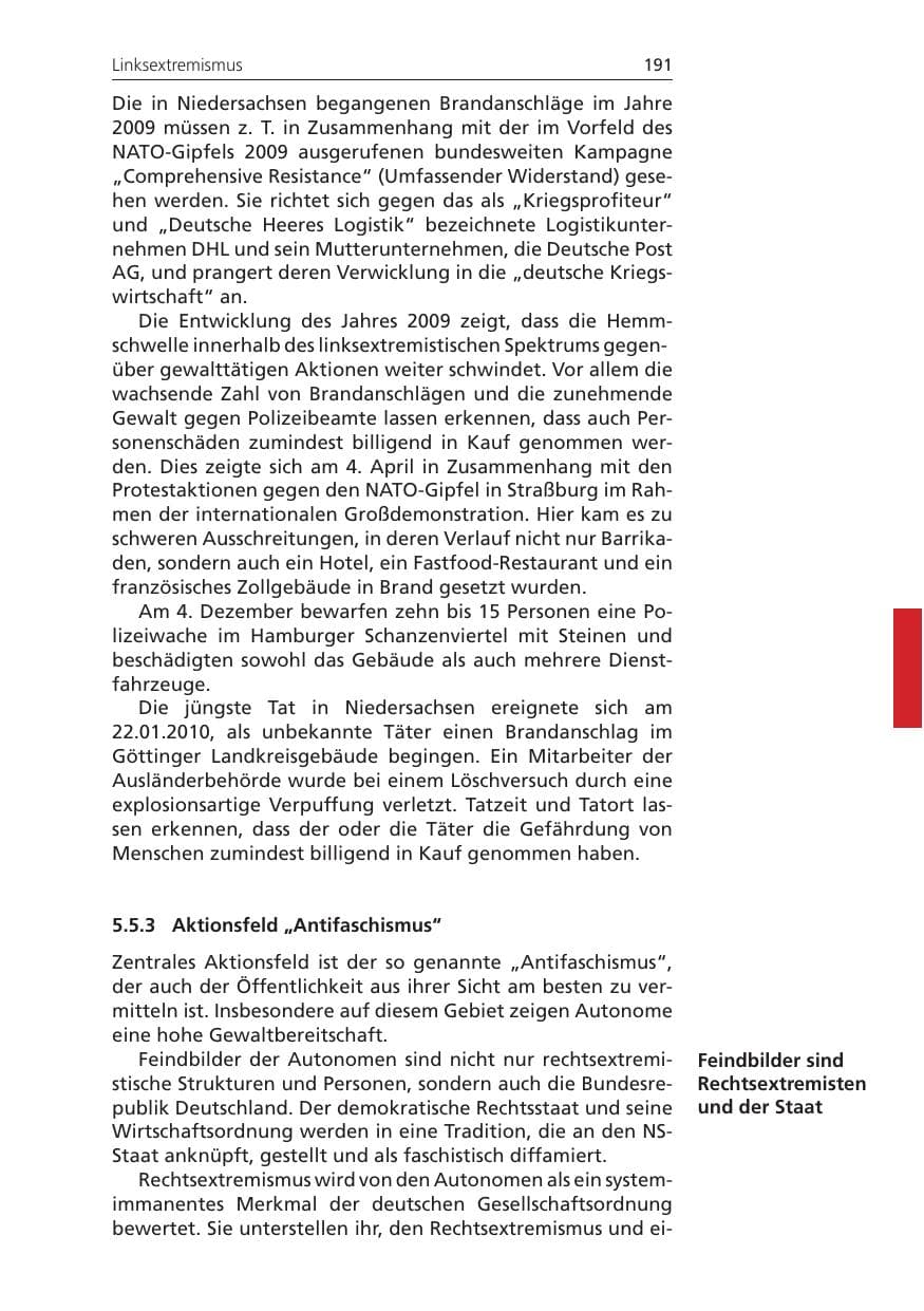 Seite 191 des Verfassungsschutzbericht 2009 Niedersachsen