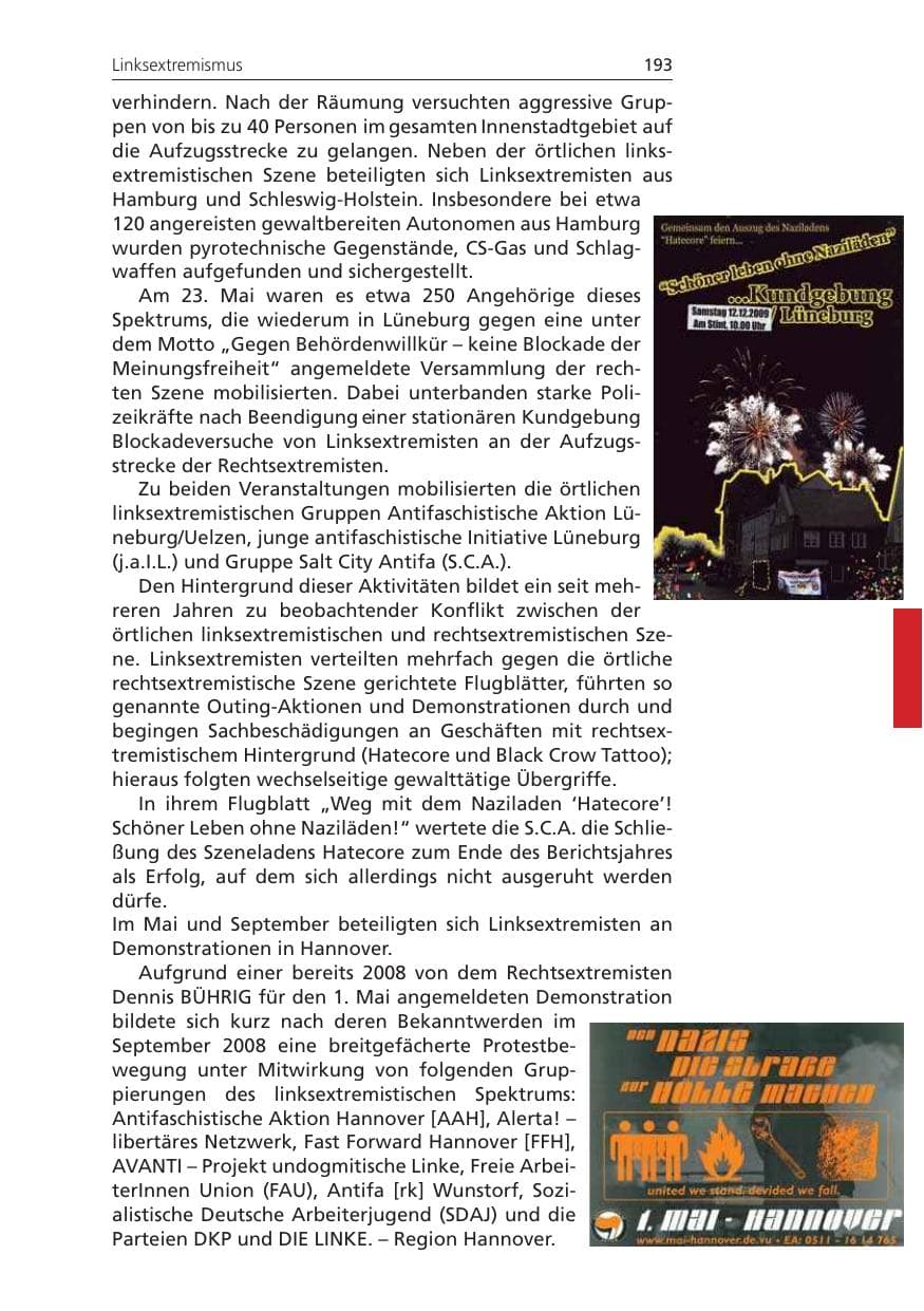 Seite 193 des Verfassungsschutzbericht 2009 Niedersachsen