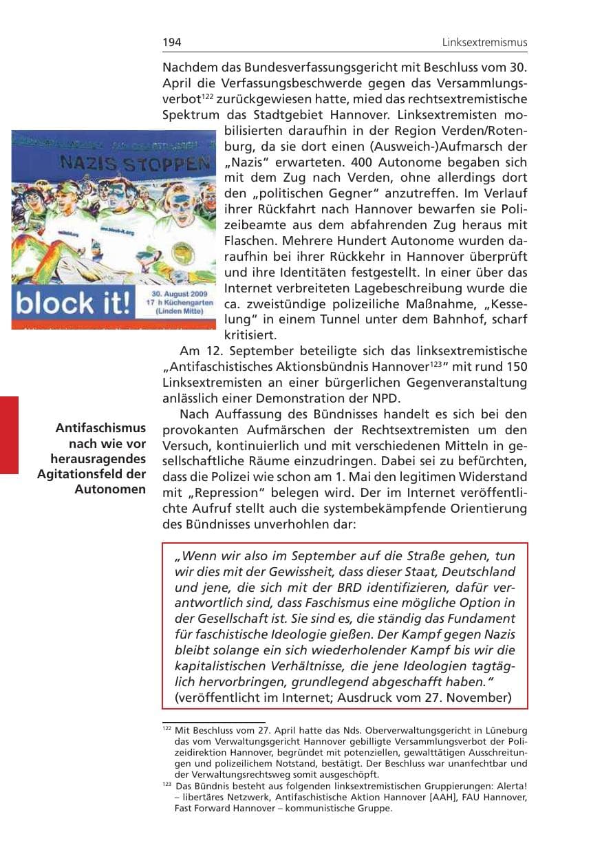 Seite 194 des Verfassungsschutzbericht 2009 Niedersachsen