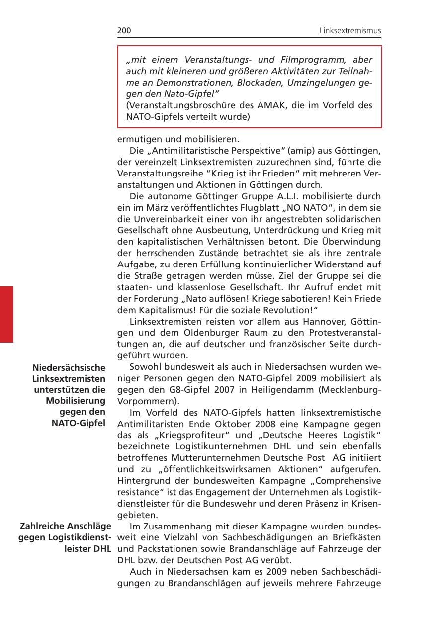 Seite 200 des Verfassungsschutzbericht 2009 Niedersachsen