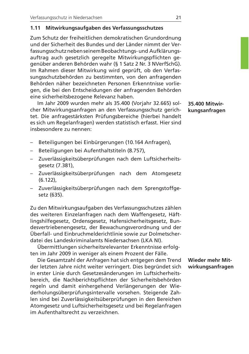 Seite 21 des Verfassungsschutzbericht 2009 Niedersachsen