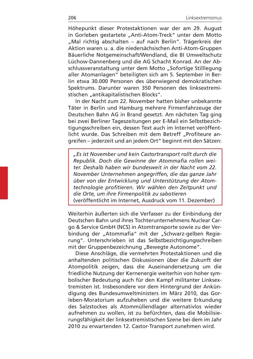 Seite 206 des Verfassungsschutzbericht 2009 Niedersachsen