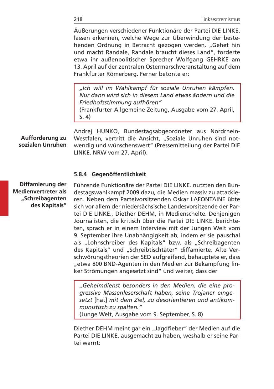 Seite 218 des Verfassungsschutzbericht 2009 Niedersachsen