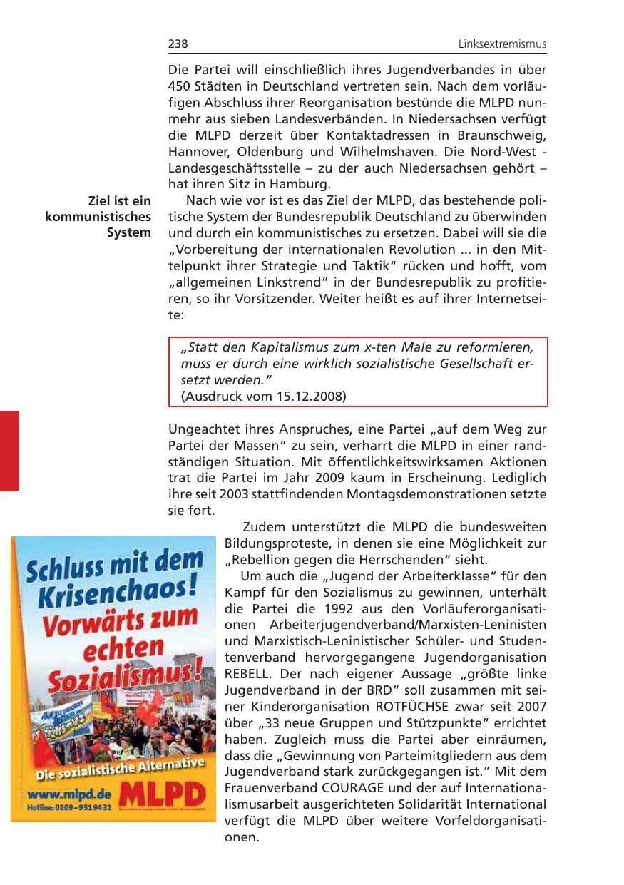 Seite 238 des Verfassungsschutzbericht 2009 Niedersachsen