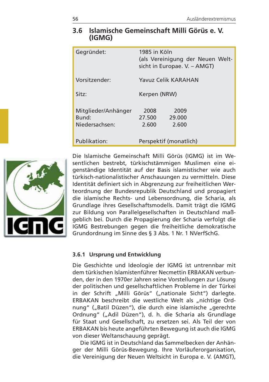 Seite 56 des Verfassungsschutzbericht 2009 Niedersachsen