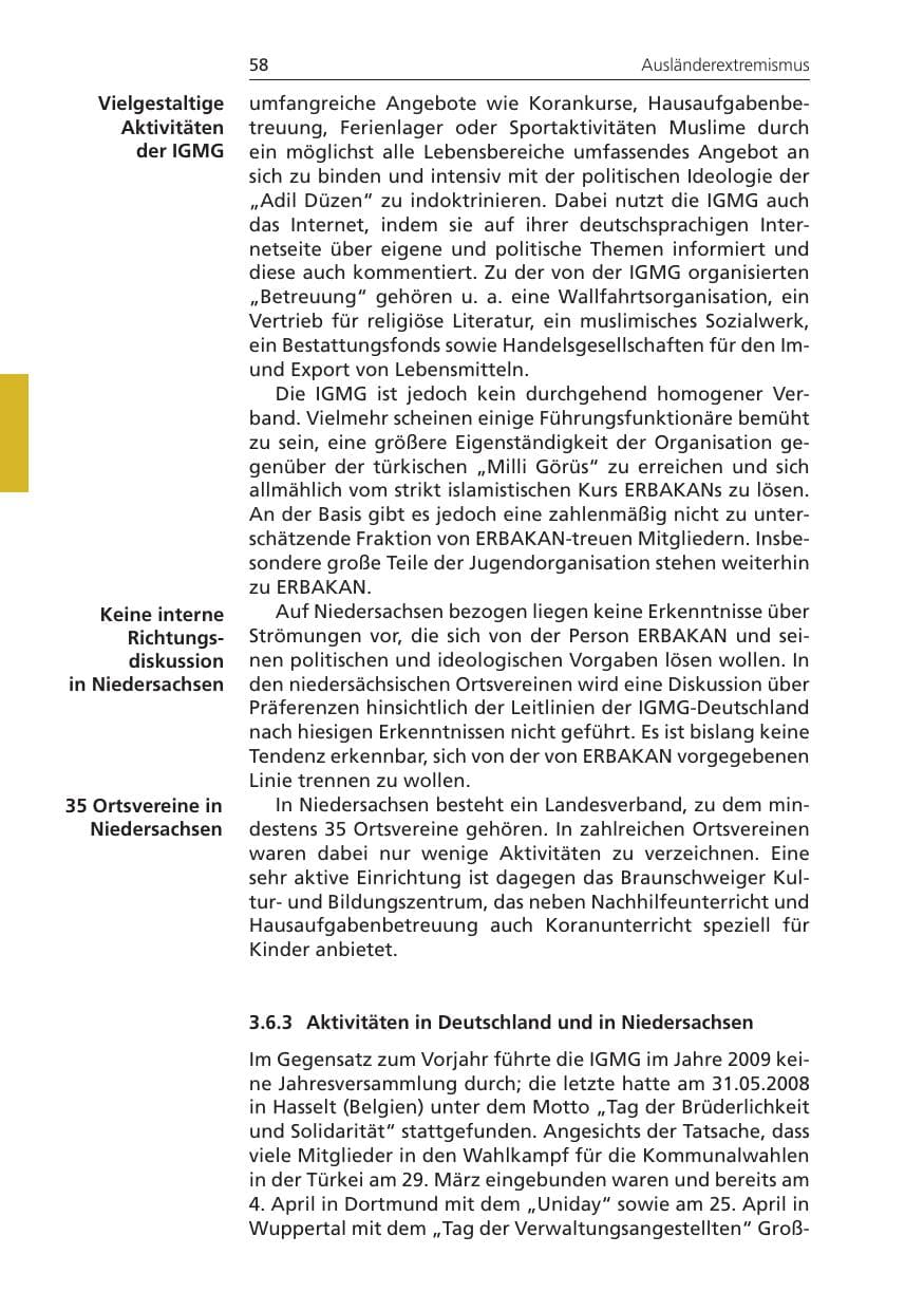 Seite 58 des Verfassungsschutzbericht 2009 Niedersachsen