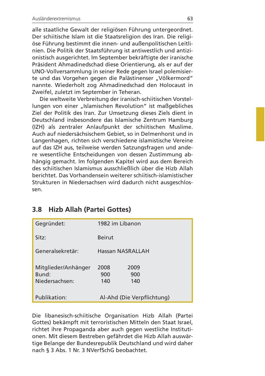 Seite 63 des Verfassungsschutzbericht 2009 Niedersachsen