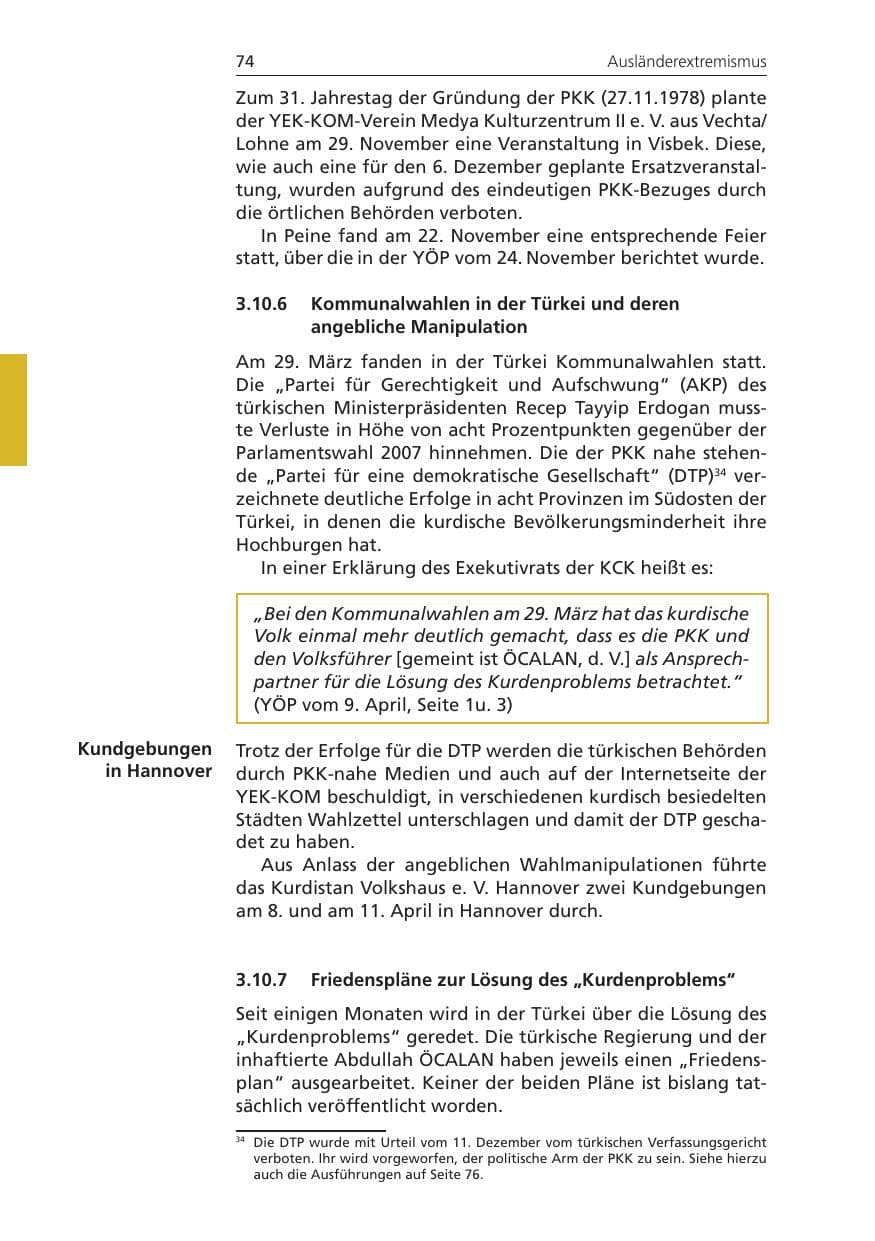 Seite 74 des Verfassungsschutzbericht 2009 Niedersachsen