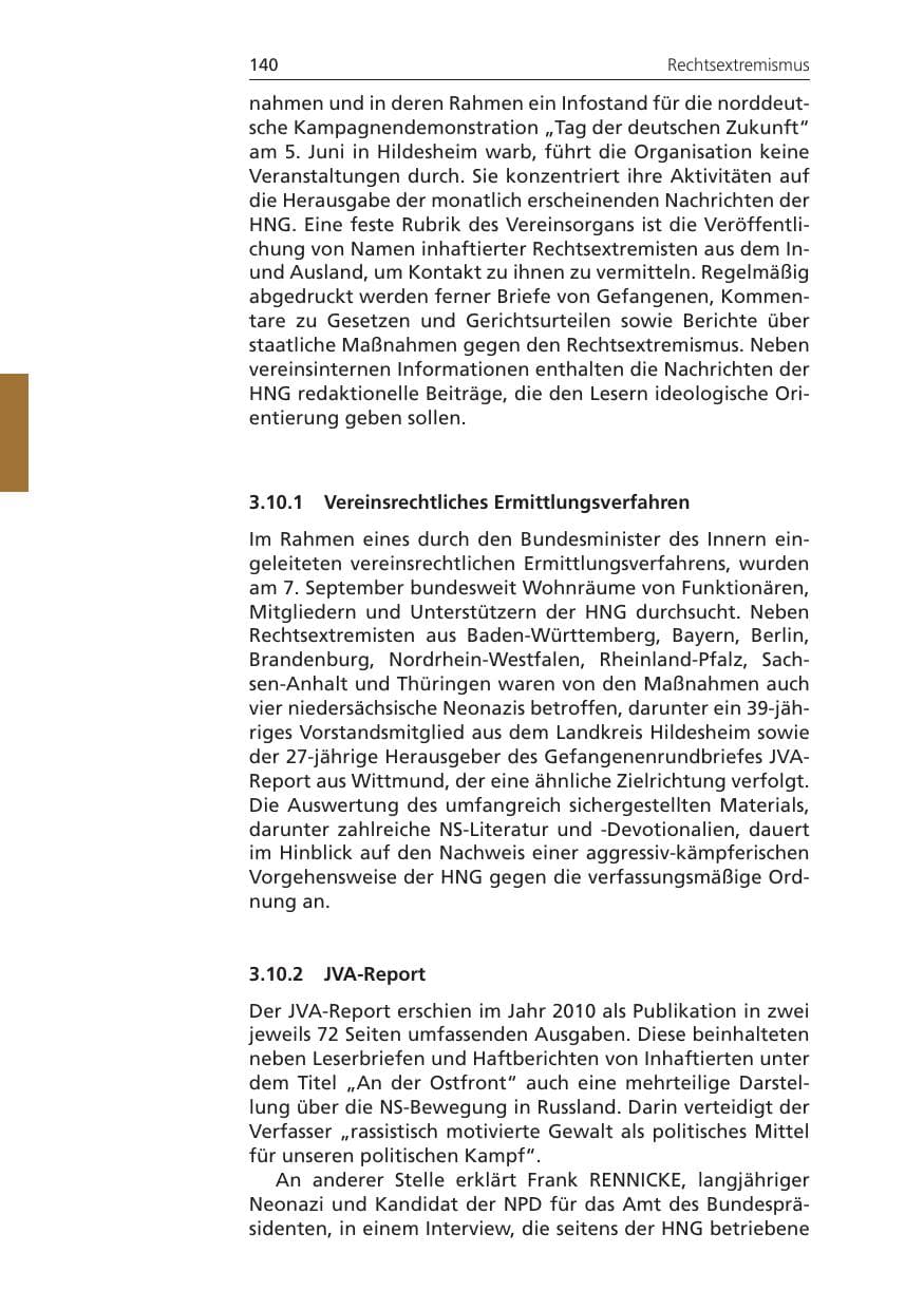 Seite 140 des Verfassungsschutzbericht 2010 Niedersachsen