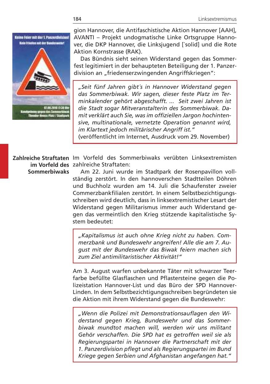 Seite 184 des Verfassungsschutzbericht 2010 Niedersachsen