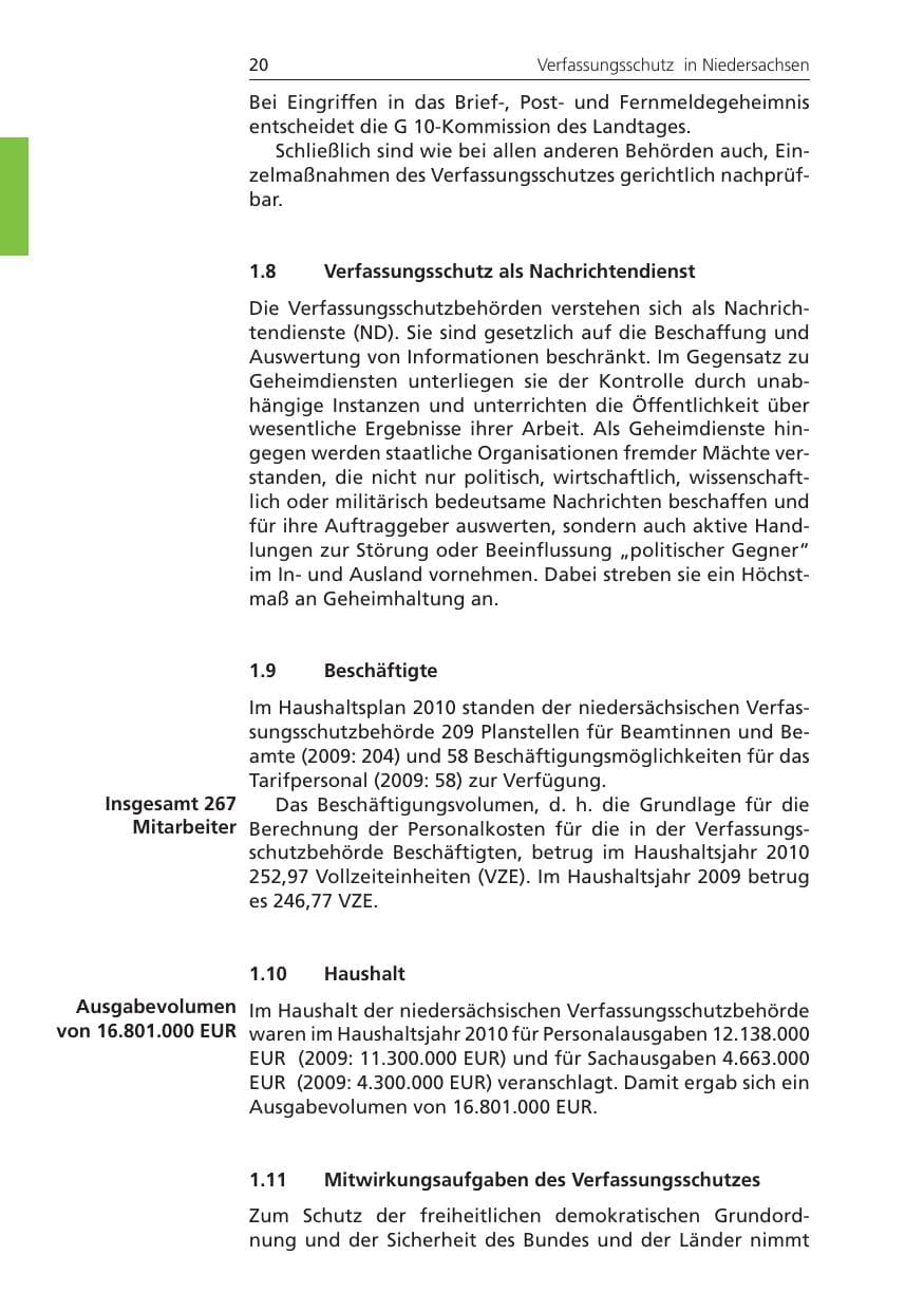 Seite 20 des Verfassungsschutzbericht 2010 Niedersachsen