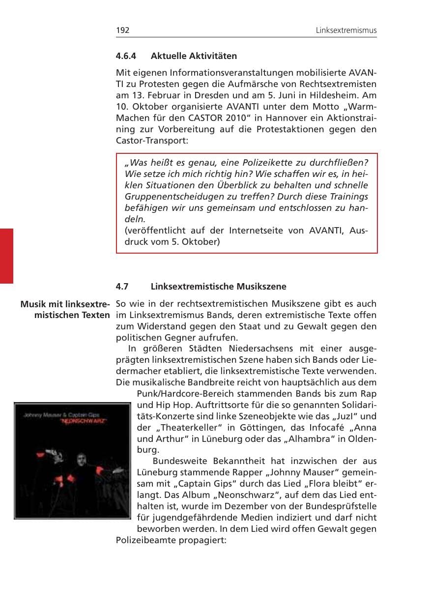 Seite 192 des Verfassungsschutzbericht 2010 Niedersachsen