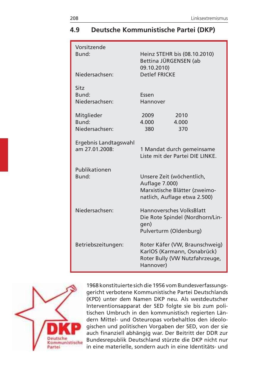Seite 208 des Verfassungsschutzbericht 2010 Niedersachsen