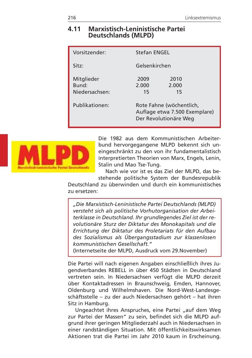 Seite 216 des Verfassungsschutzbericht 2010 Niedersachsen