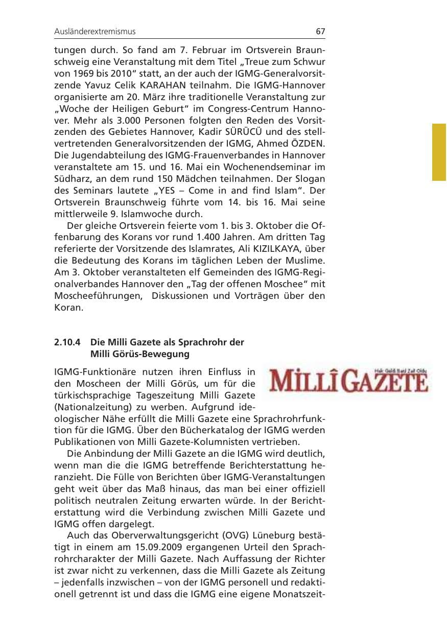 Seite 67 des Verfassungsschutzbericht 2010 Niedersachsen