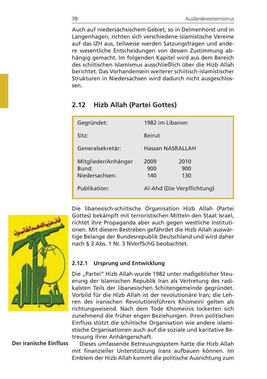 Seite 70 des Verfassungsschutzbericht 2010 Niedersachsen