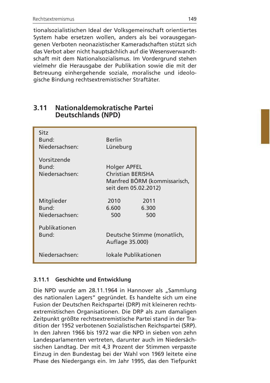 Seite 149 des Verfassungsschutzbericht 2011 Niedersachsen