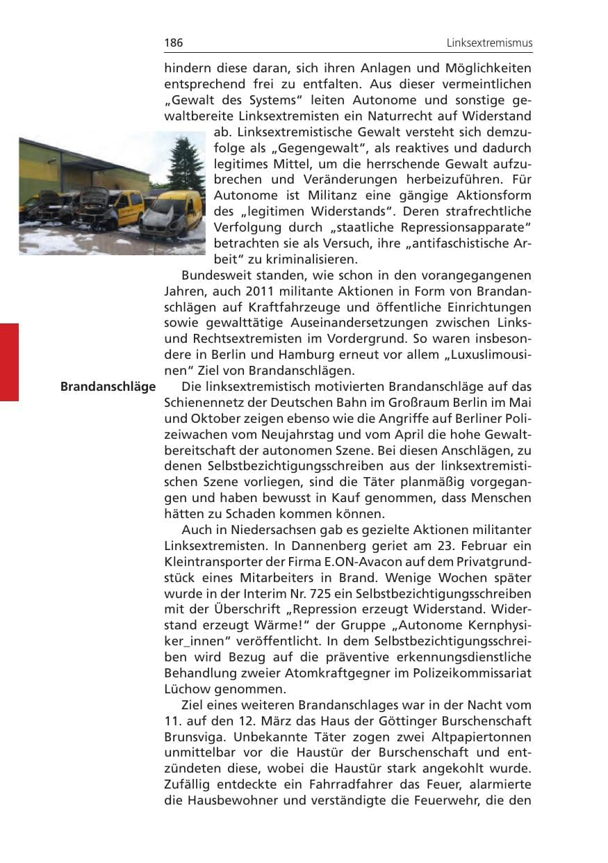 Seite 186 des Verfassungsschutzbericht 2011 Niedersachsen