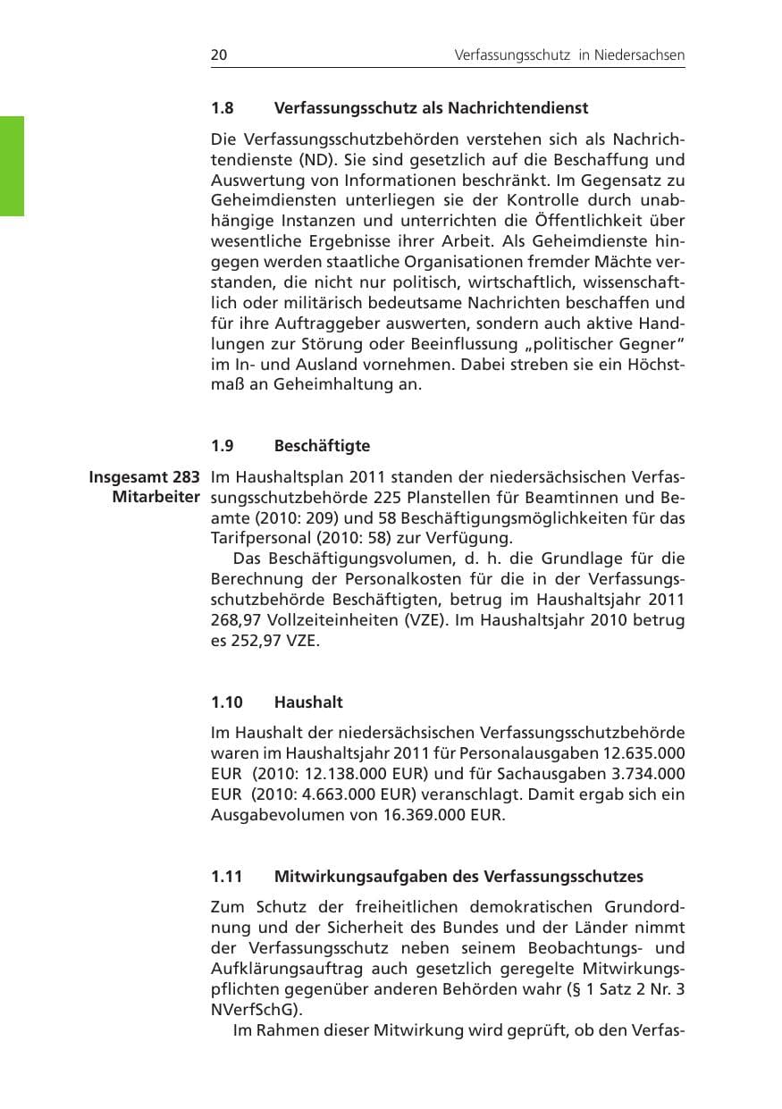 Seite 20 des Verfassungsschutzbericht 2011 Niedersachsen