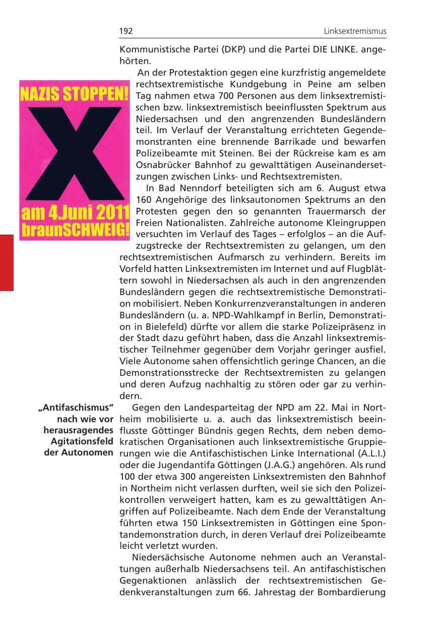 Seite 192 des Verfassungsschutzbericht 2011 Niedersachsen