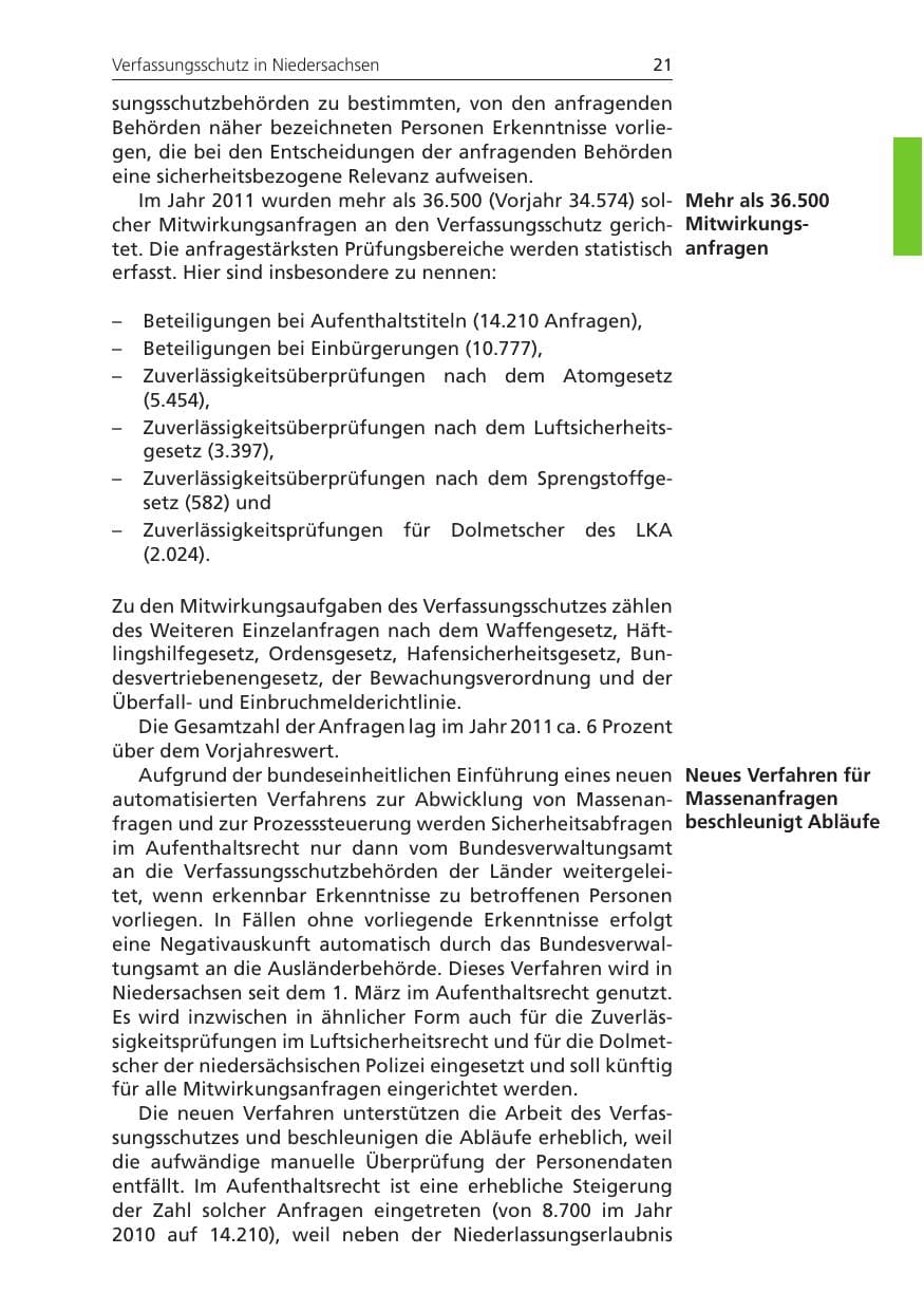 Seite 21 des Verfassungsschutzbericht 2011 Niedersachsen