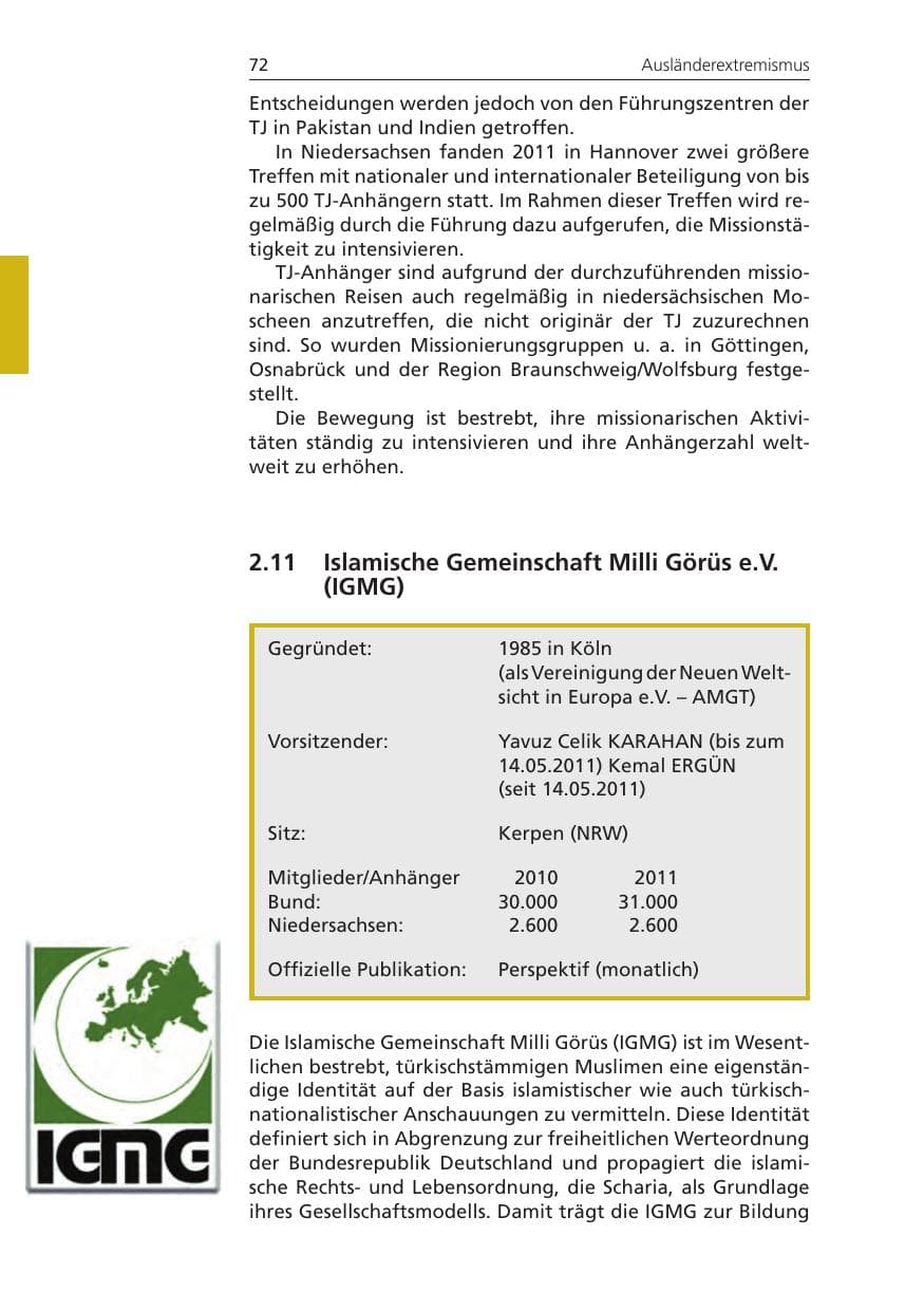 Seite 72 des Verfassungsschutzbericht 2011 Niedersachsen