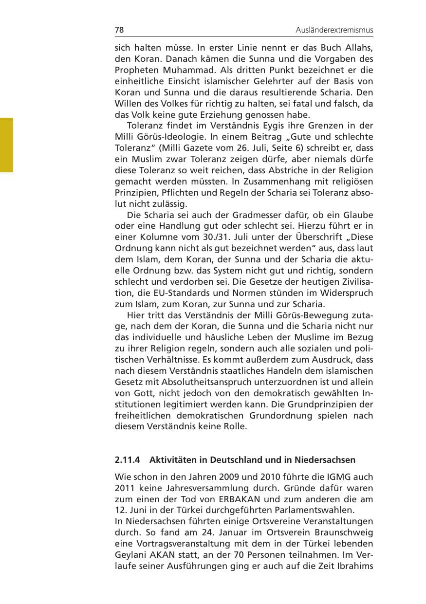 Seite 78 des Verfassungsschutzbericht 2011 Niedersachsen