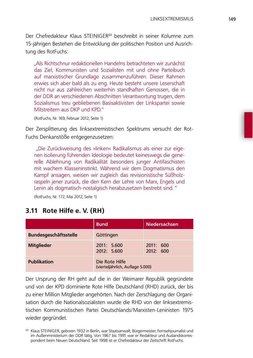 Seite 149 des Verfassungsschutzbericht 2012 Niedersachsen