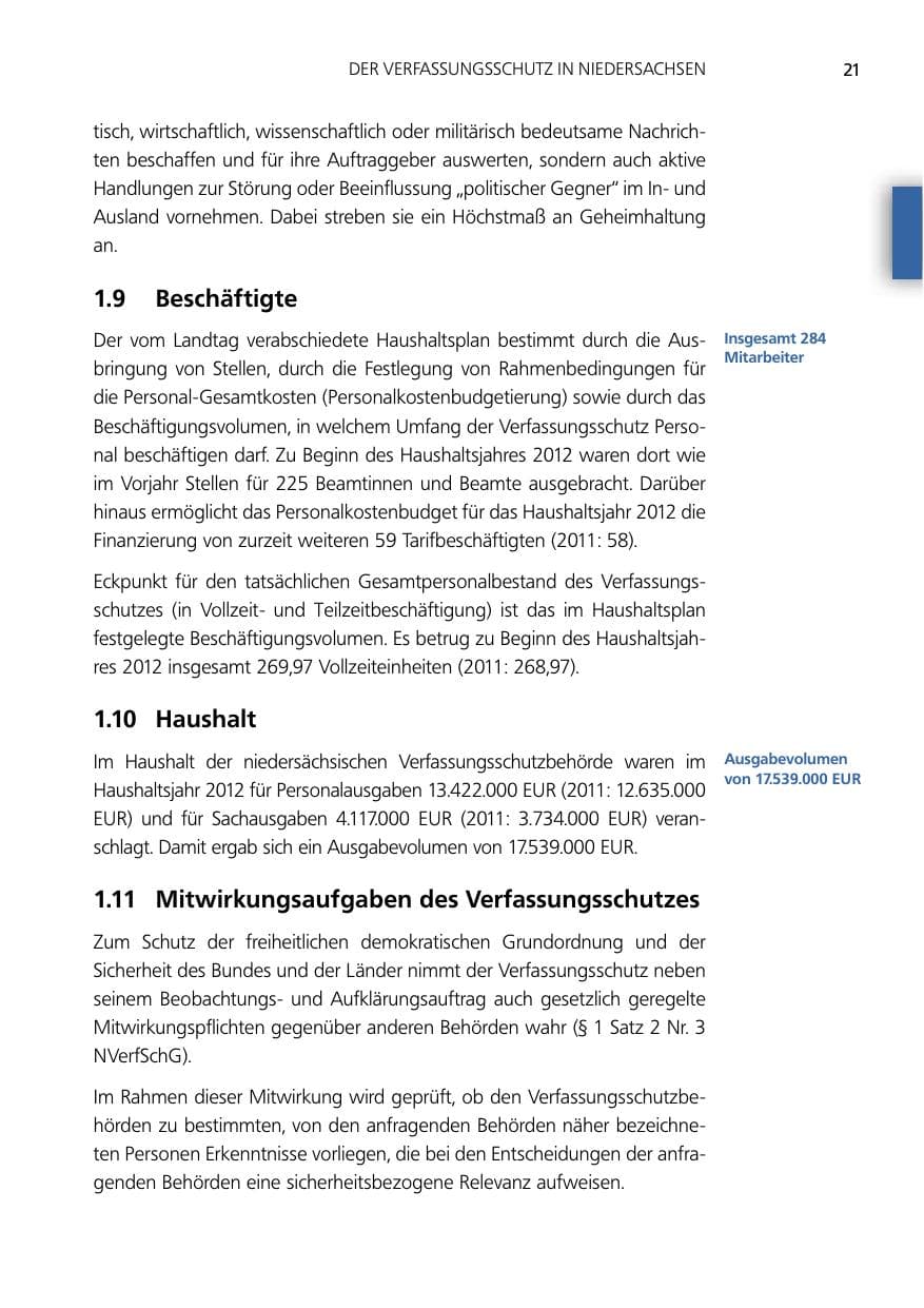 Seite 21 des Verfassungsschutzbericht 2012 Niedersachsen