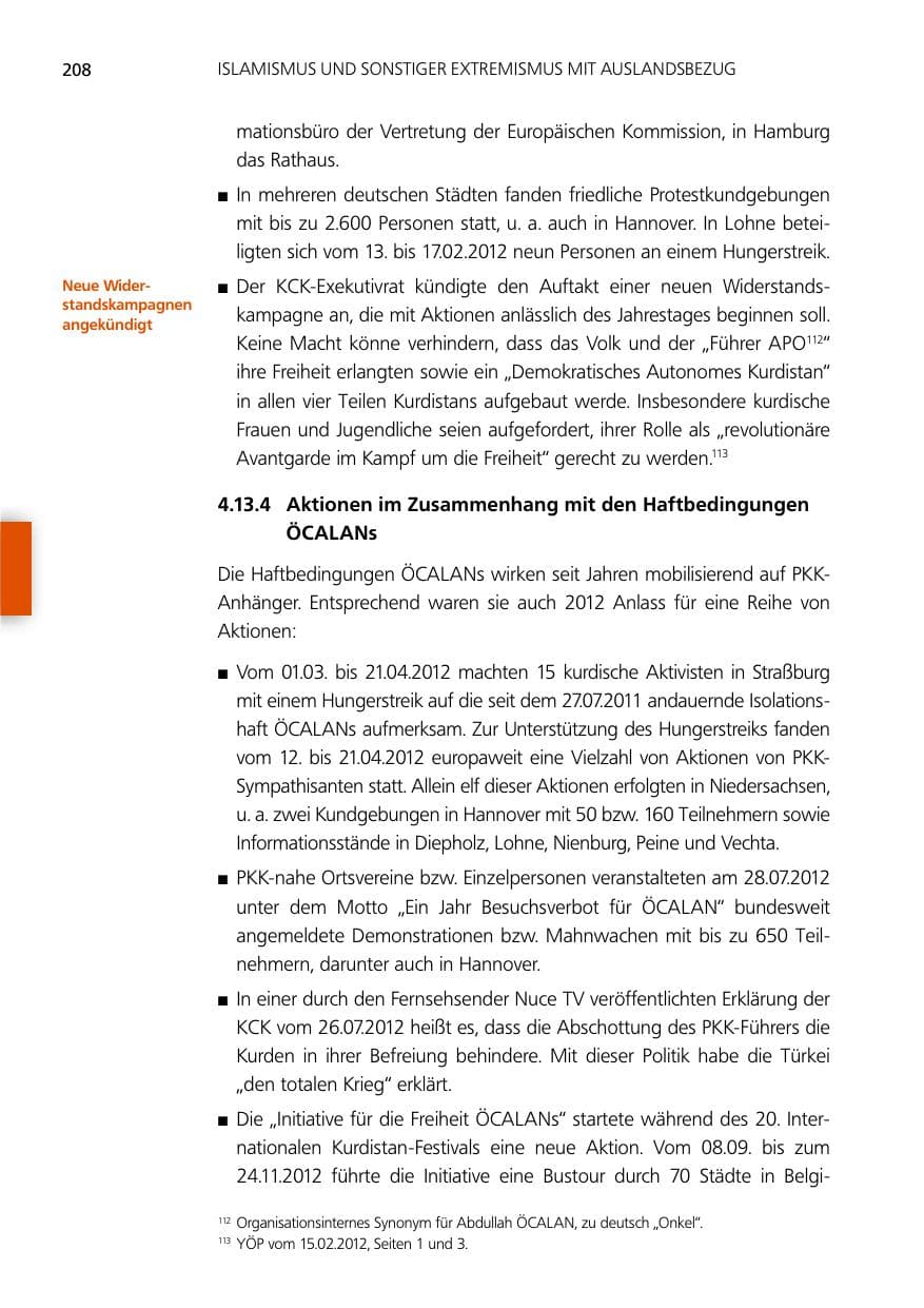 Seite 208 des Verfassungsschutzbericht 2012 Niedersachsen