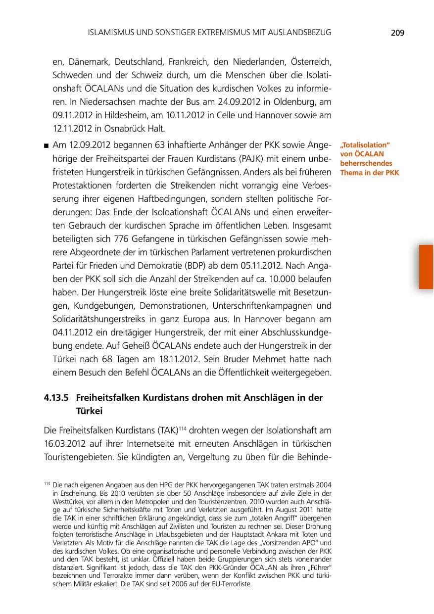 Seite 209 des Verfassungsschutzbericht 2012 Niedersachsen