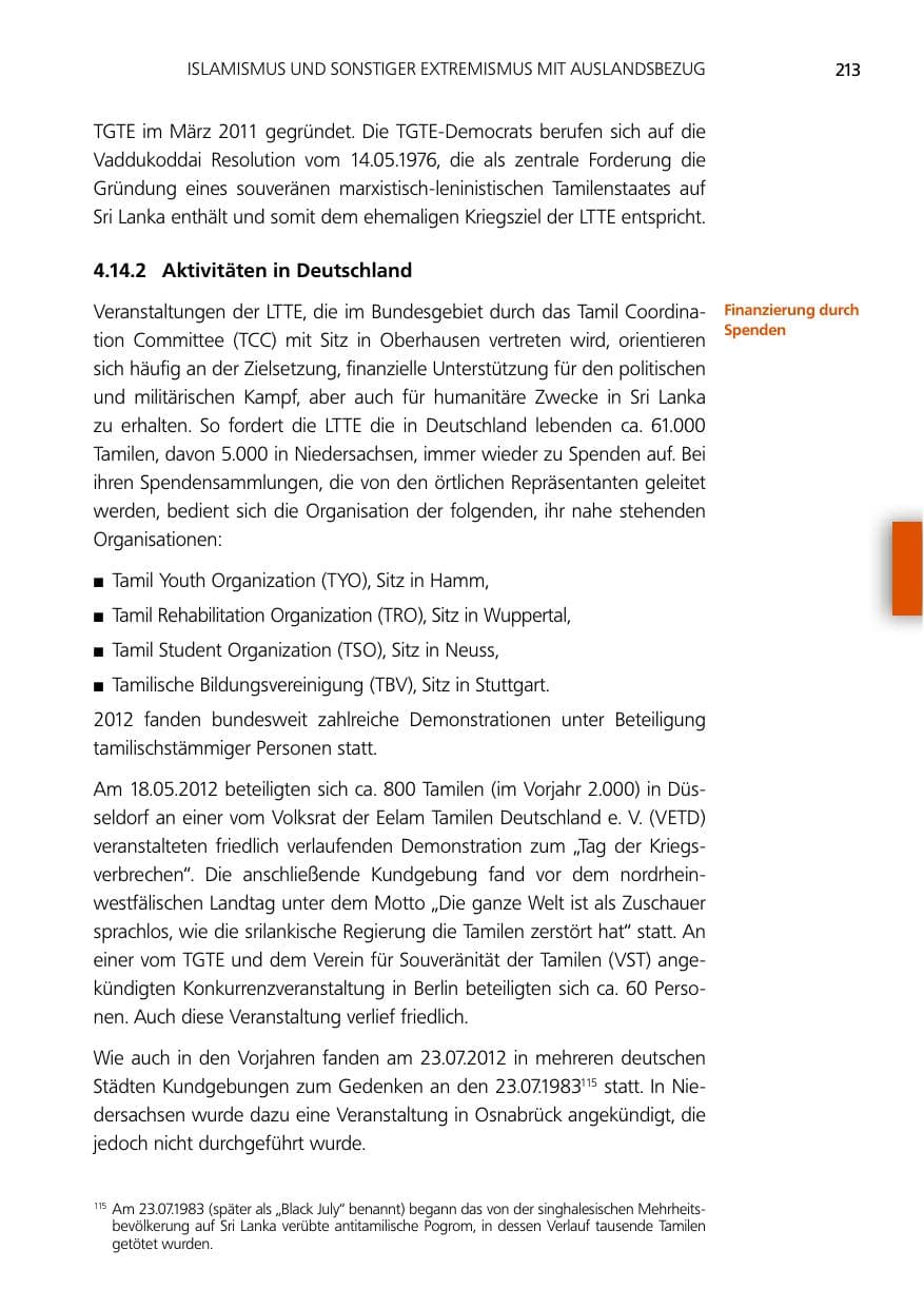 Seite 213 des Verfassungsschutzbericht 2012 Niedersachsen