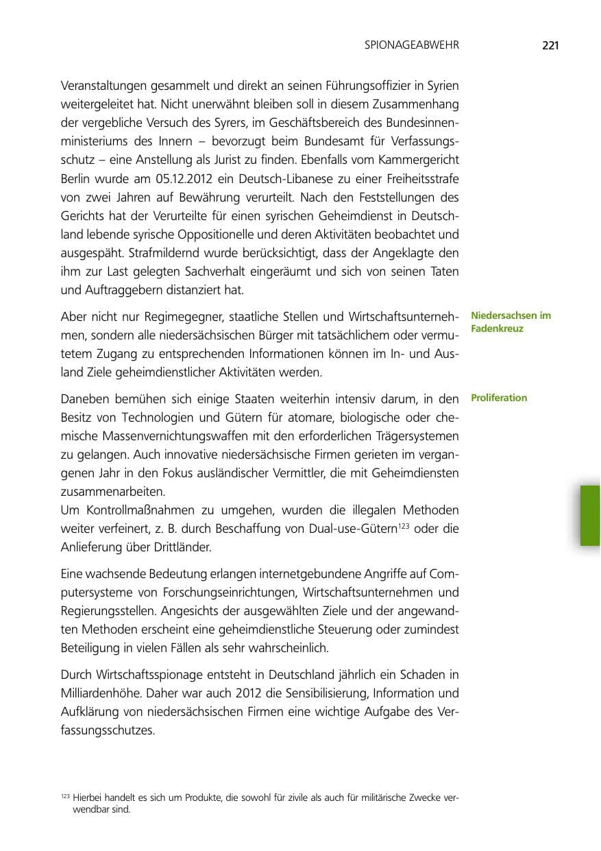 Seite 221 des Verfassungsschutzbericht 2012 Niedersachsen