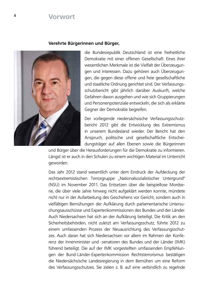Seite 4 des Verfassungsschutzbericht 2012 Niedersachsen