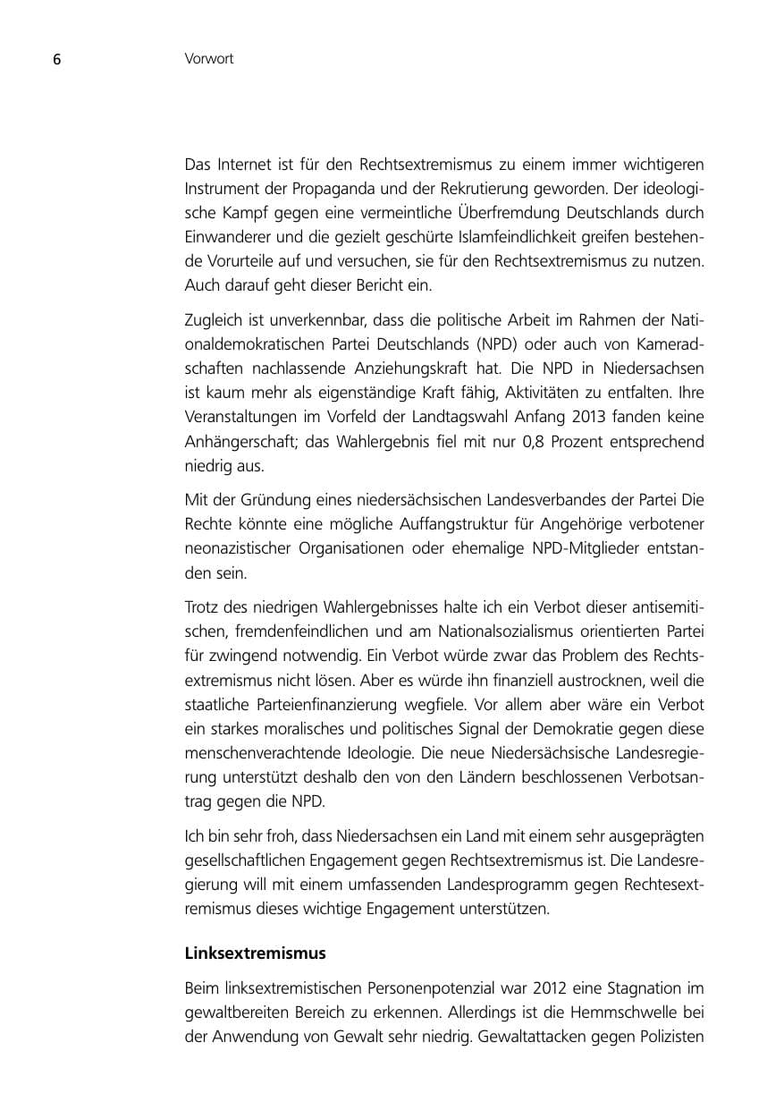 Seite 6 des Verfassungsschutzbericht 2012 Niedersachsen
