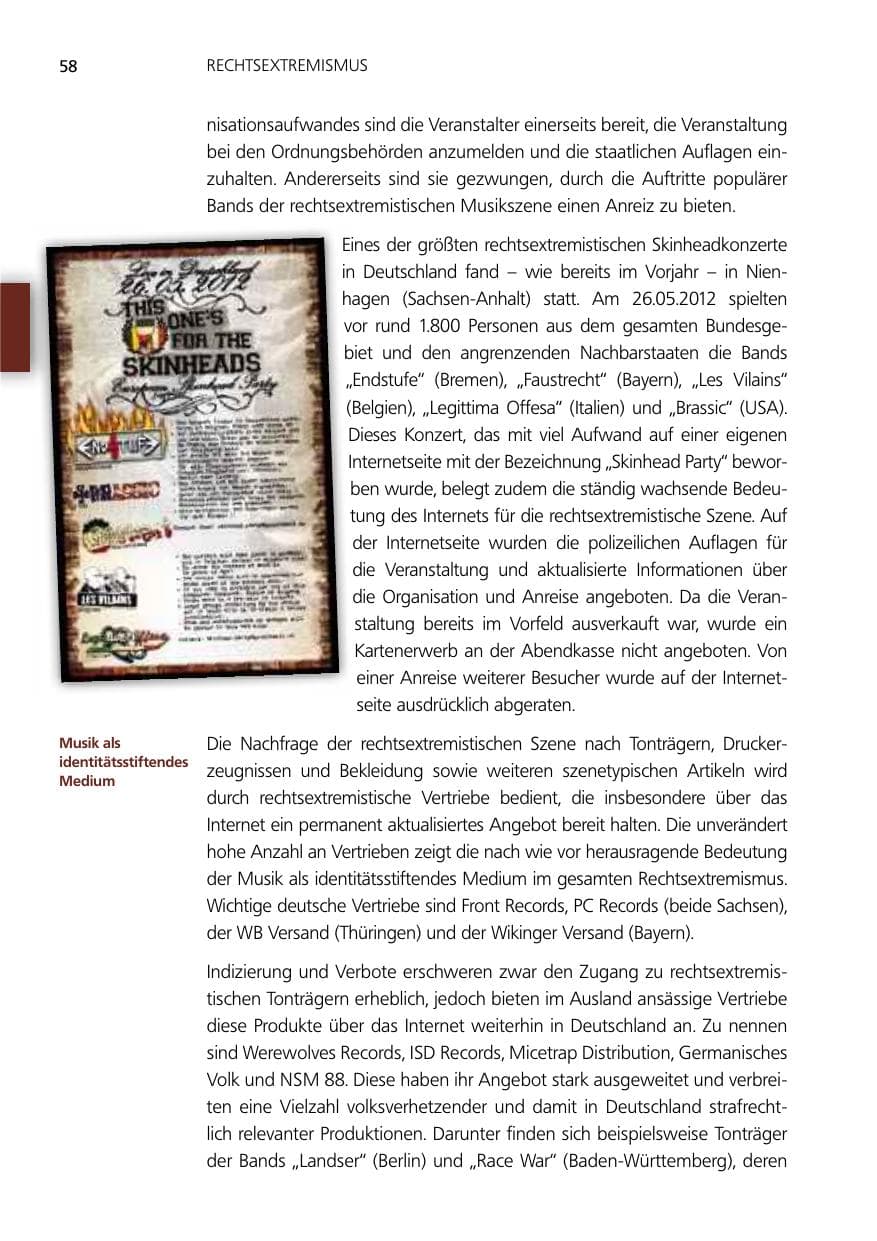 Seite 58 des Verfassungsschutzbericht 2012 Niedersachsen