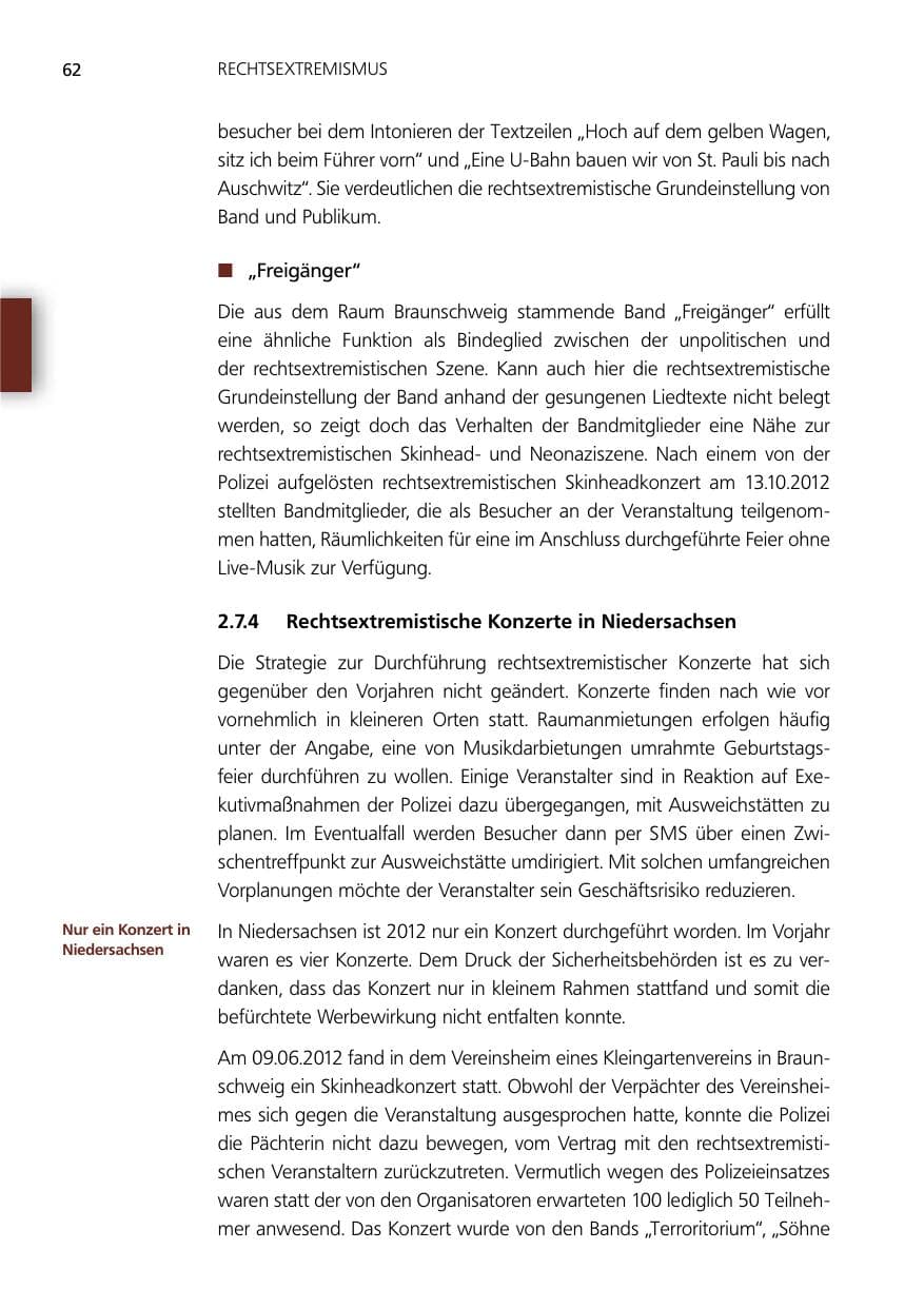 Seite 62 des Verfassungsschutzbericht 2012 Niedersachsen