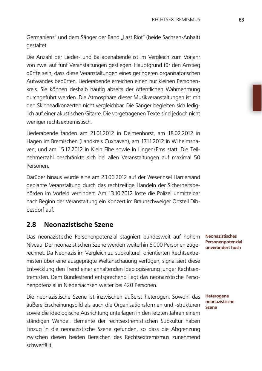 Seite 63 des Verfassungsschutzbericht 2012 Niedersachsen