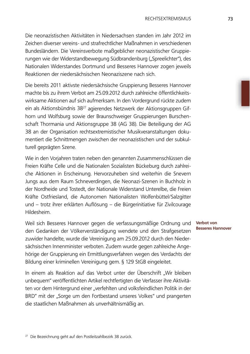 Seite 73 des Verfassungsschutzbericht 2012 Niedersachsen