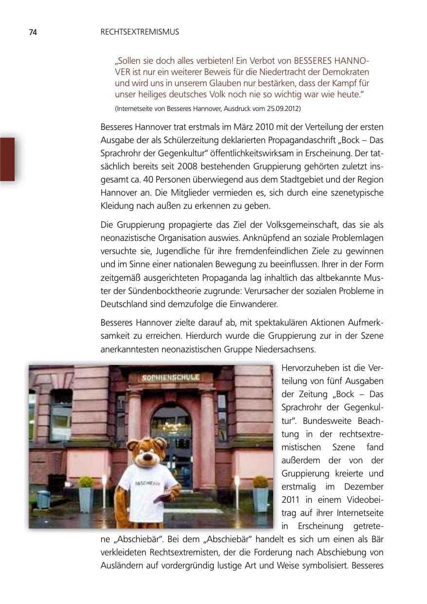 Seite 74 des Verfassungsschutzbericht 2012 Niedersachsen