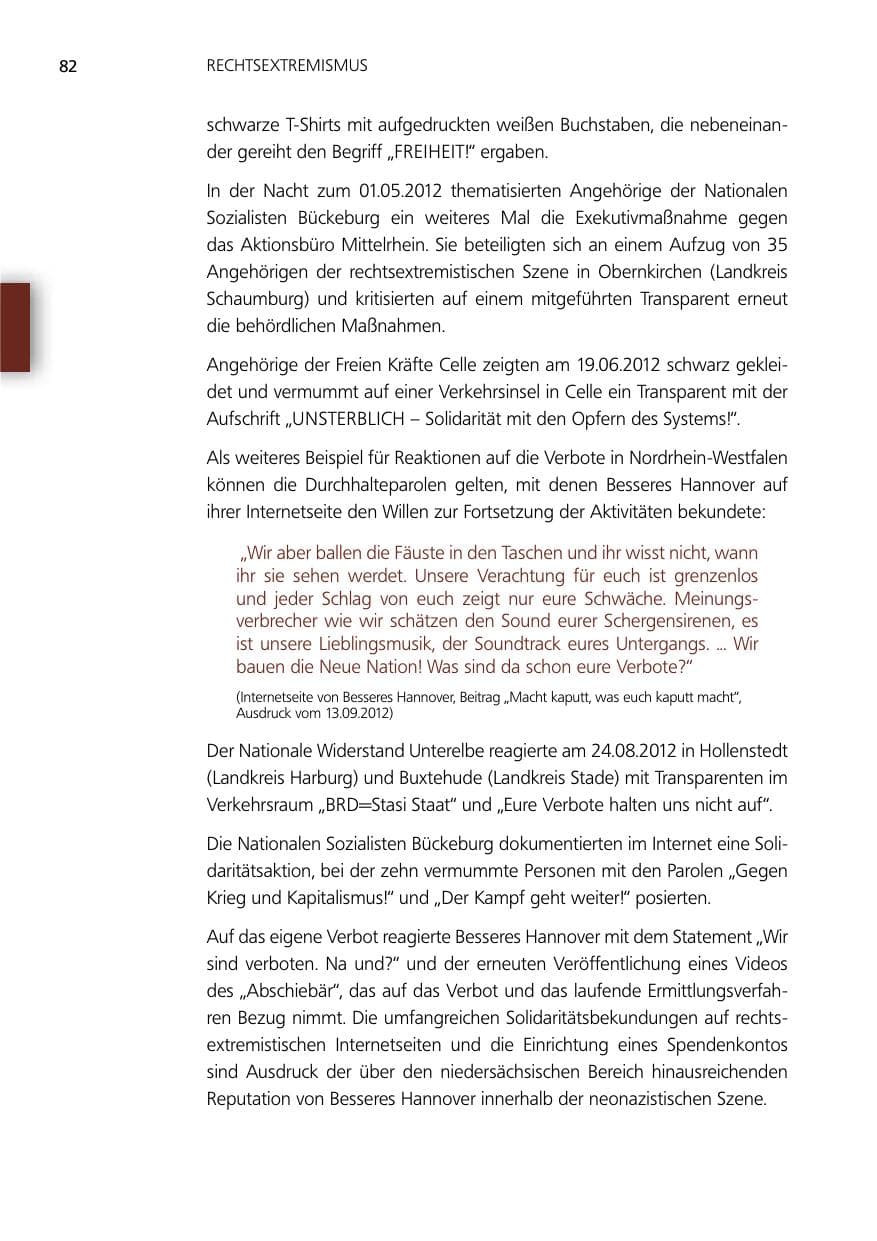 Seite 82 des Verfassungsschutzbericht 2012 Niedersachsen