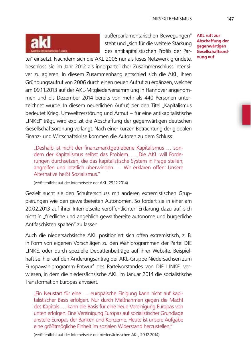 Seite 147 des Verfassungsschutzbericht 2014 Niedersachsen